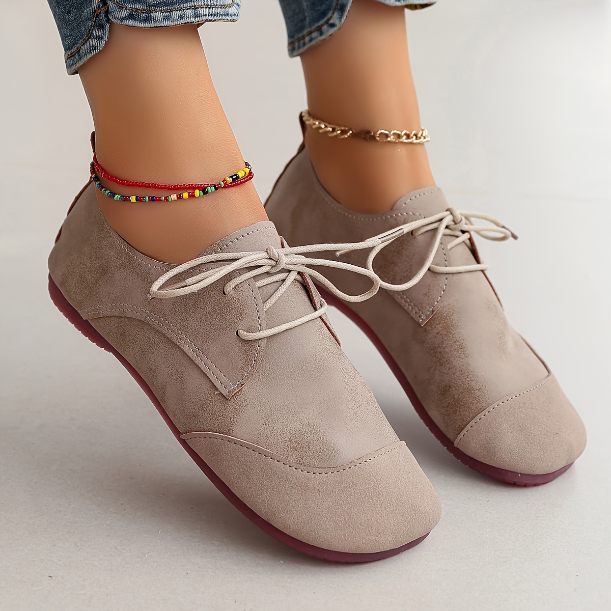 Autumn New Flat Soft-soled Loafers Women's Spring Style Granny Shoes Lace-up Round Toe Vintage Literary Elegant Style, Women Shoes