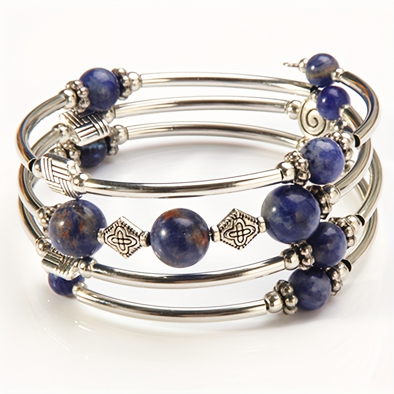 Ethnic Style Stackable Bracelet With Natural Stone Beads And Silvery Tube, Unique Geometric Pattern Hand Jewelry
