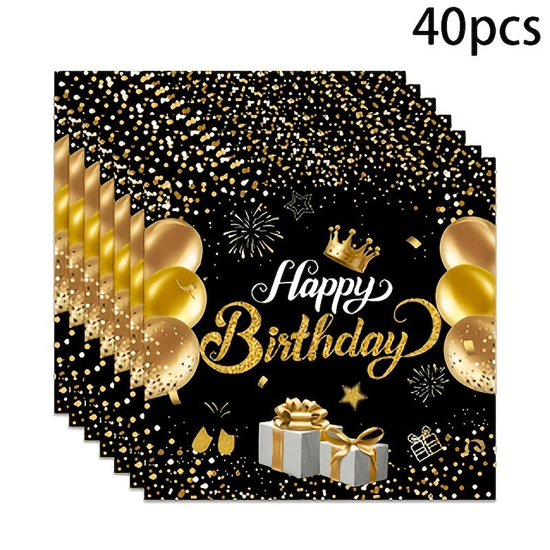 TEMU Lot de 20/40/60, Serviettes en Papier Jetables Anniversaire Noires et Dorées, 2 Ply 13x13 pouces avec Couronne à Paillettes pour Décorations de