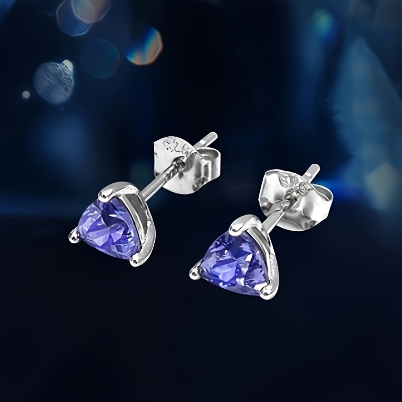 TEMU 1 Paire de boucles d'oreilles à clous en Tanzanite pour femmes, boucles d'oreilles triangulaires en argent 925, élégantes et , plaquées rhodium,