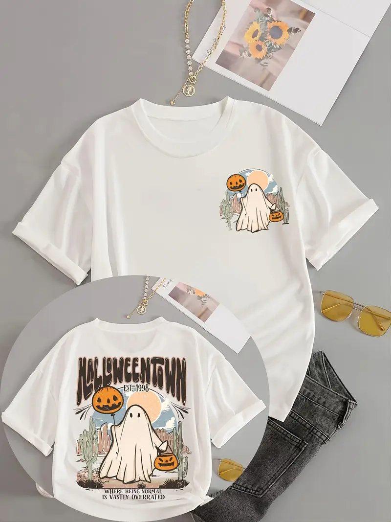 Camiseta de Halloween para Mujer con Muñeca Calabaza Estampado Trasero Lindo y Calabaza, Cuello Manga Corta Casual, Top Lavable a Máquina pa