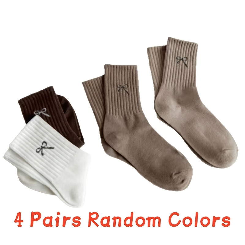 Image of 4 Pairs Packed Women's Mid-calf Socks With High Elastic Cuffs, Compression Design And Bow Decorations, Cute & Stylish Socks For Sports And Daily Wear