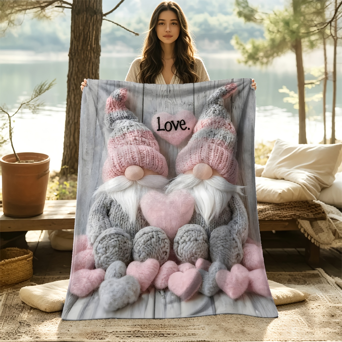 TEMU 2d Flat Print 1pc Gnome With Heart Portable Blanket - Lightweight Sofa Blanket For Sofa, Travel, And Camping - Soft And Warm Jacquard Fabric,