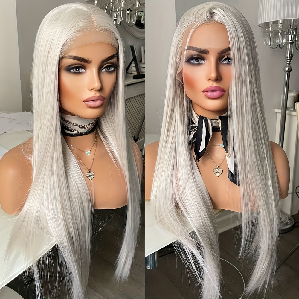 

26 Inch Long Silky Straight Lace Front Wig 13x4 Free Parting Platinum White Lace Front Synthetic Wig Glueless Heat Resistant Fiber Hair Wig For Women Cosplay Party Daily Use