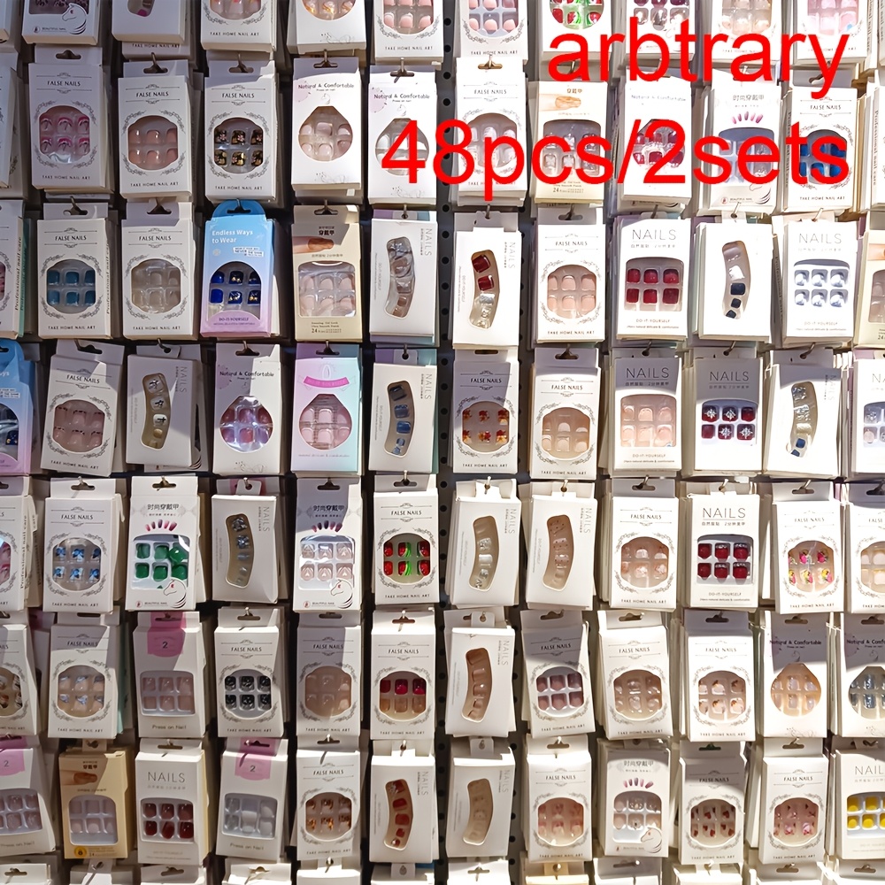 TEMU 48pcs (2 Sets) Nail Art Random Assortment, Short Nails, Medium-long Nails, Long Nails, Nails, Almond Nails, Square Nails, Y2k Nails, Red, Blue,