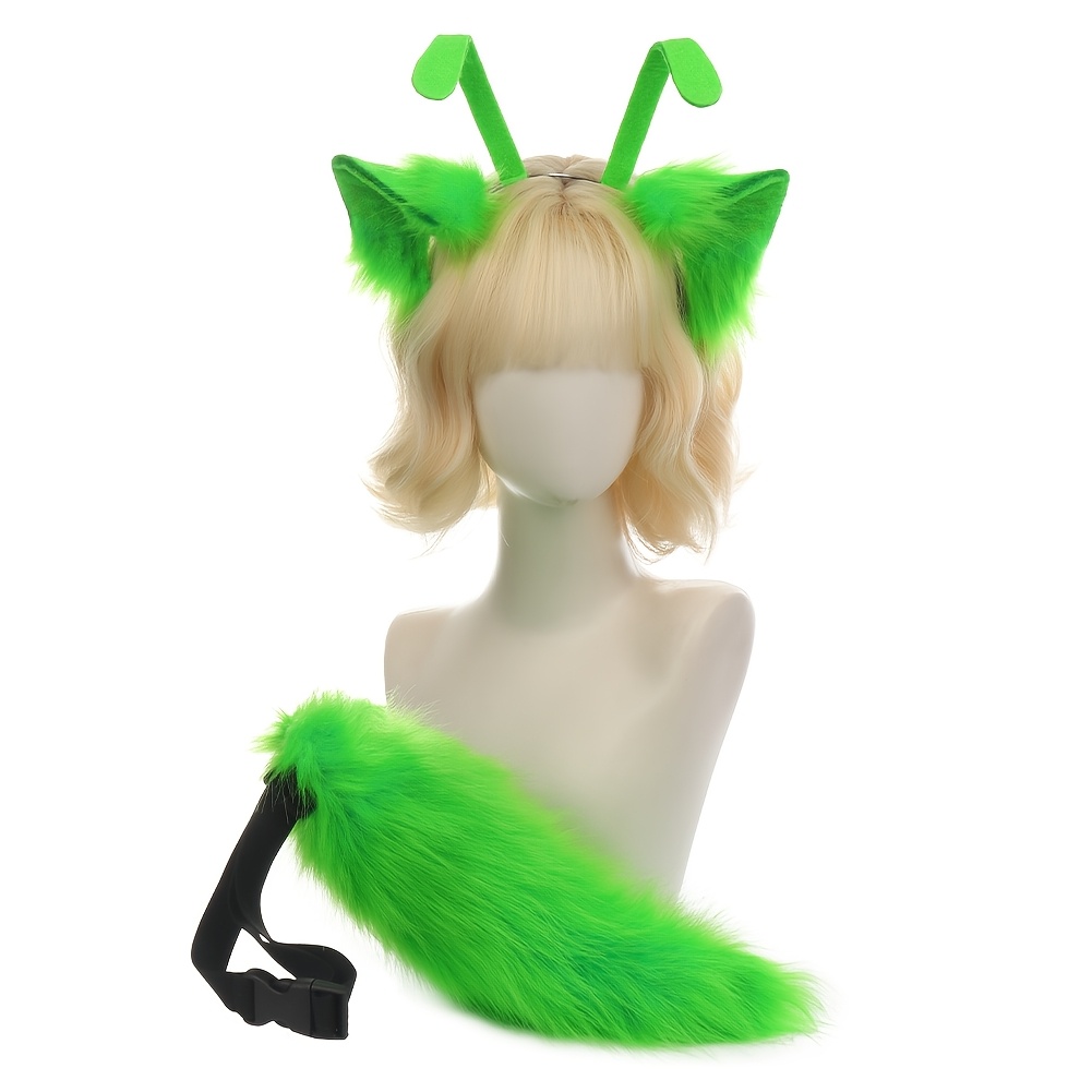 TEMU 2pcs, Simulation Plush Kitten Ear And Tail Set, Colored Antenna Earband And Plush Tail, Halloween/christmas Costume Party