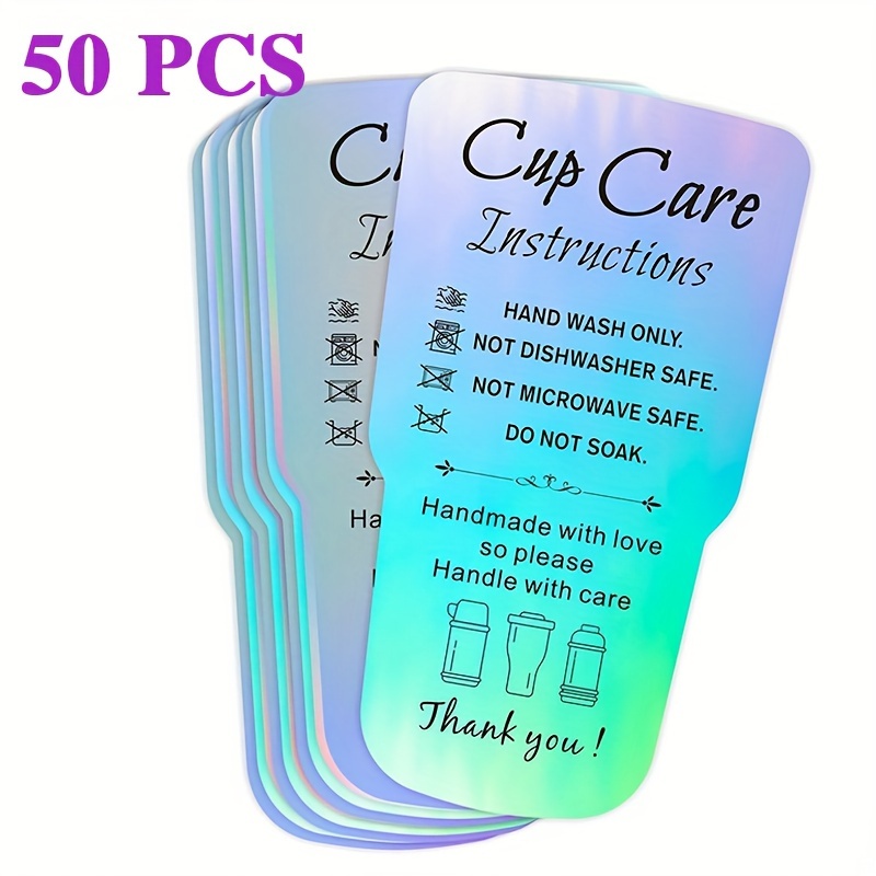 E-shop 50/100 Pack Becher Pflegehinweise Grußkarten, Holographische Dankeskarten für Kunden, 3,5x2 Zoll, Weltraummotiv, Englisch, für Tumbler, Becher,