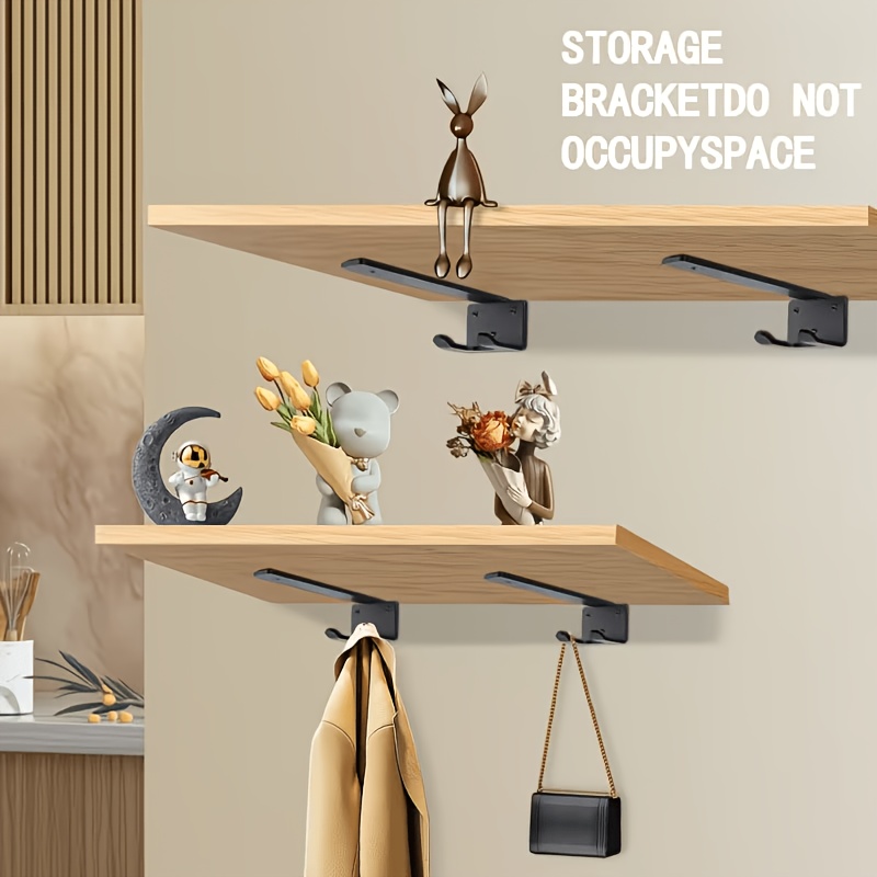 2pcs Black Metal Hidden L-Shaped Brackets/Multi-Functional Supports with Hooks (Thickened), Floating Hidden Shelf Brackets, Heavy-Duty Iron Supports, Shelf Board Brackets, Industrial L-Shaped Racks, Iron Rack Brackets