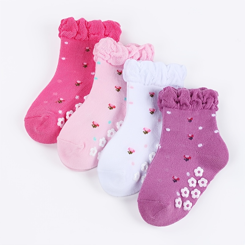 Image of 4 Pairs Of Small Girl Anti Slip Socks; Soft And Comfortable Baby Socks, Breathable And Non Slip Design, Suitable For Babies Aged 0-2, In Multiple Colors