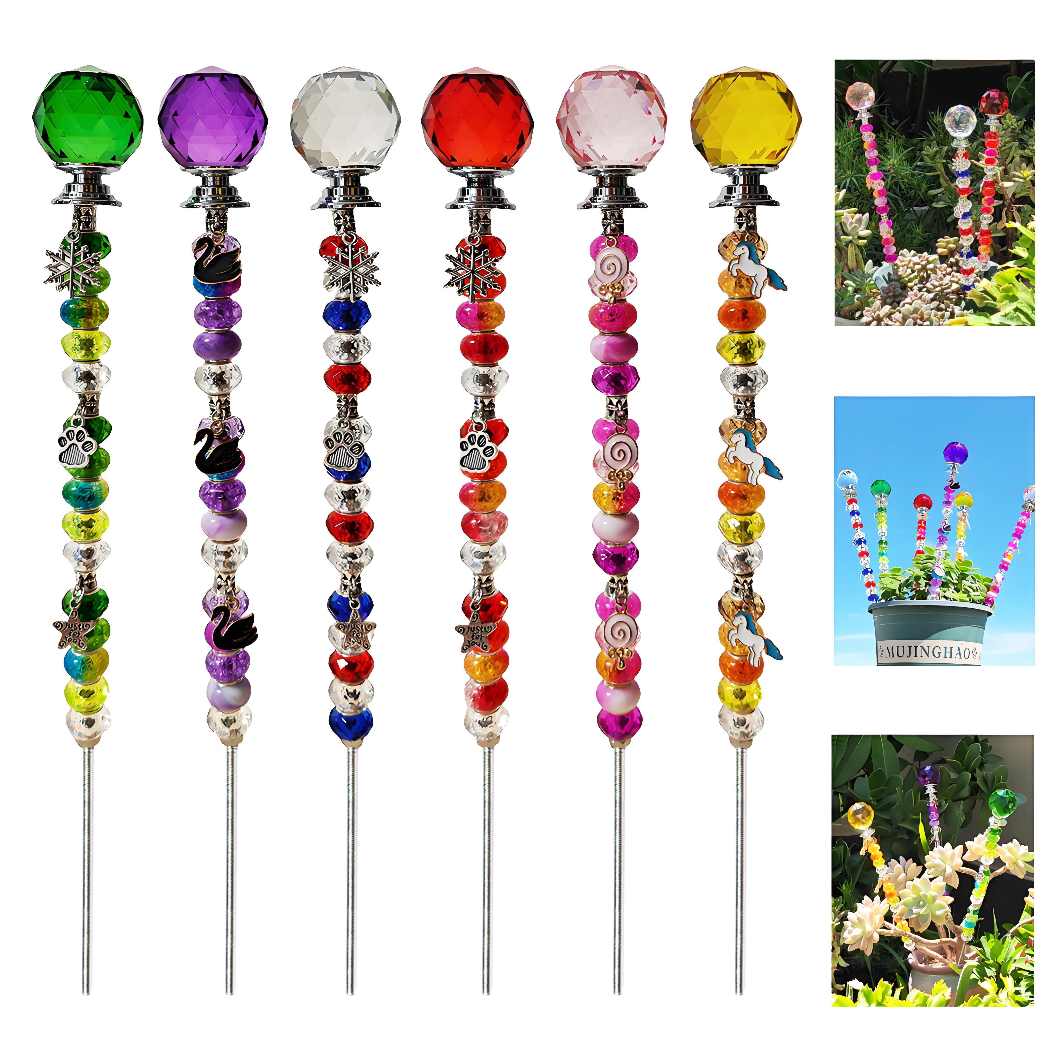 

140pcs Fairy Garden Stake Kit - Diy Beaded Wand Set With Large Hole Beads, Silvery Pendants & Rose Crystals - Outdoor