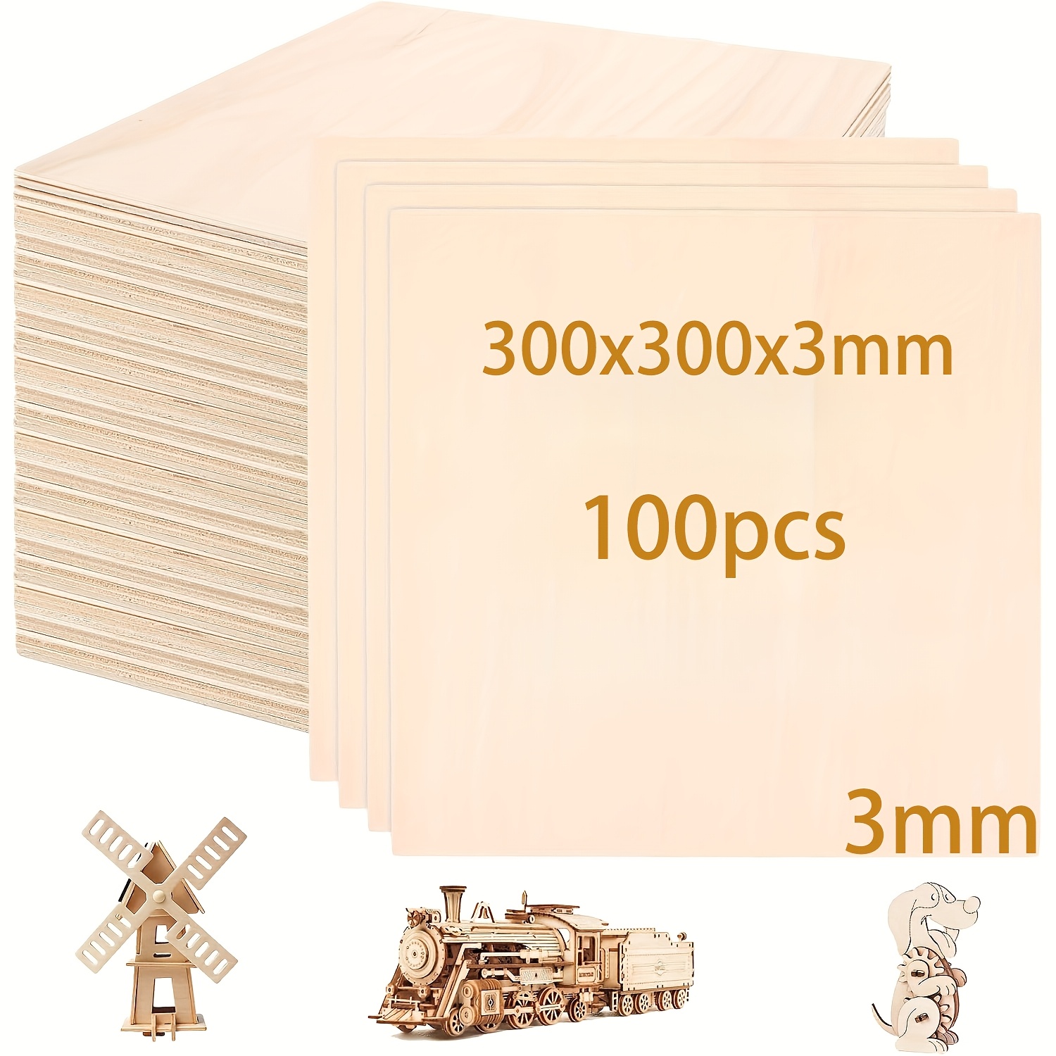 Image of Tocome 60/100pcs Basswood Plywood(300x300x3mm) 3mm Premium Sheet, For Crafts Laser Cutting Engraving Wood Burning , Painting, Pyrography, Wood Carving, And Architectural Model Making