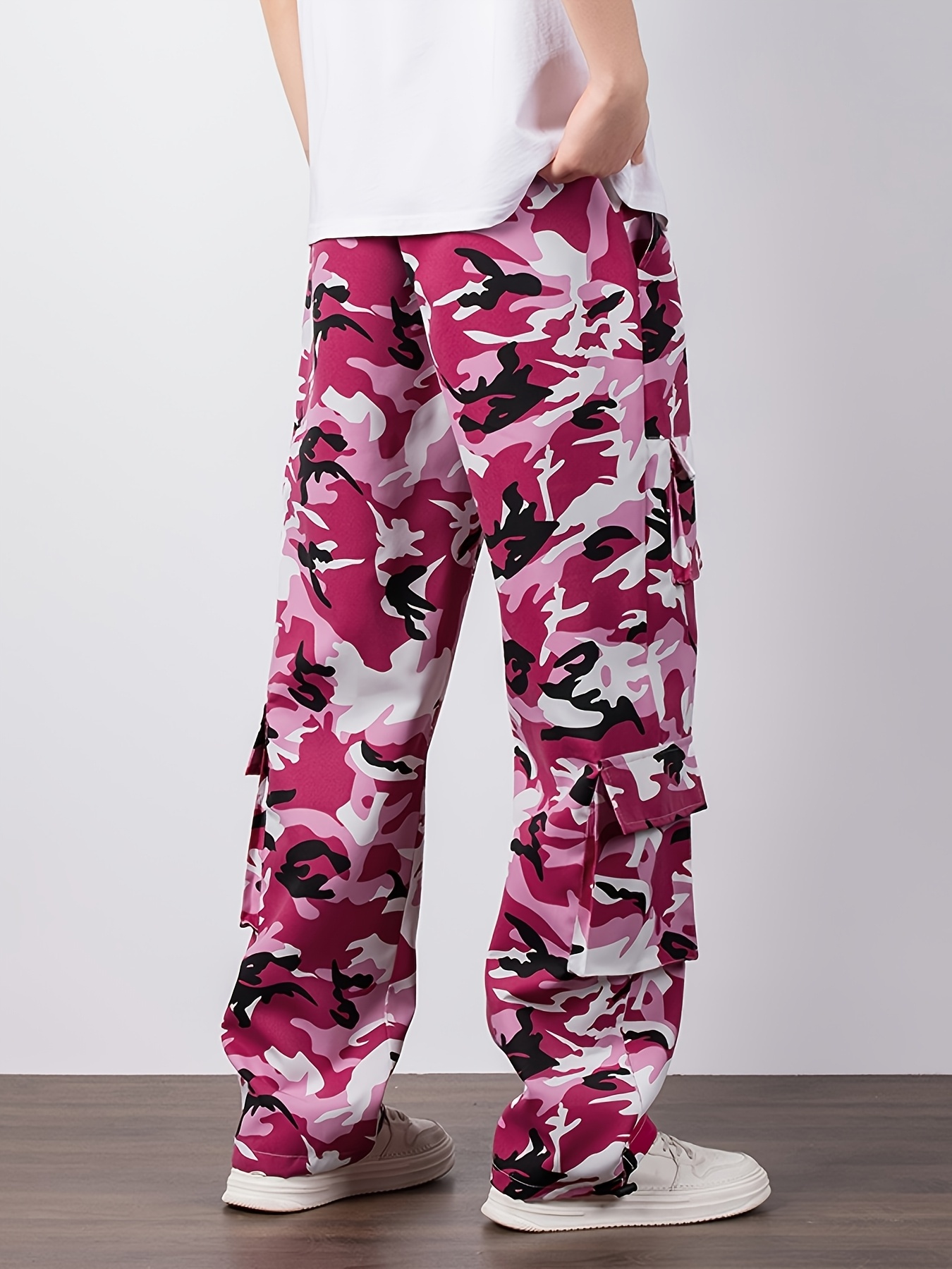 Men's Camouflage Print Multi-Pocket Cargo Pants, Elastic Waistband with Adjustable Legs, Fashion Wide-Leg Trousers