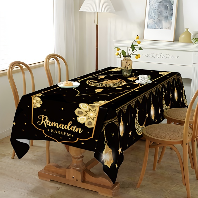 

1pc Elegant Eid Polyester Tablecloth, 180x140cm - Black With Golden Floral & , "ramadan " Text - Ideal For Celebrations, Home & Party Decor