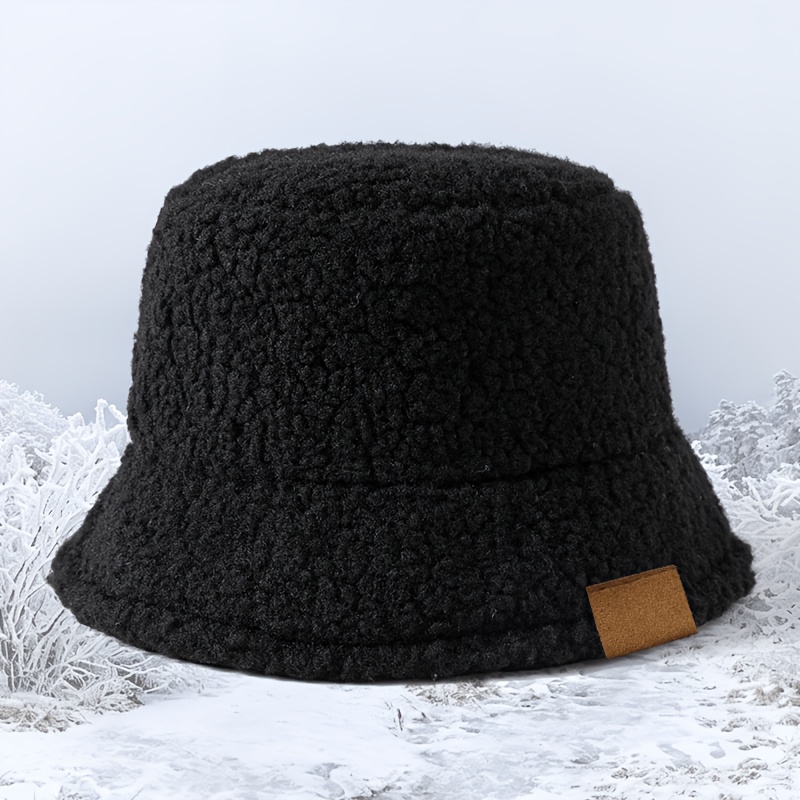 TEMU 1pc Men's And Women's Lambswool Fisherman Hat, Fashionable Blank Patch American-style Wide Brim Hat, Autumn/winter Warm Plush Bucket Hat, Korean