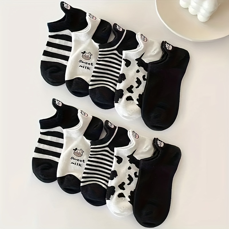 

10 Pairs Cow Print Socks, Cute & Breathable Low Cut Socks, Women's Stockings & Hosiery