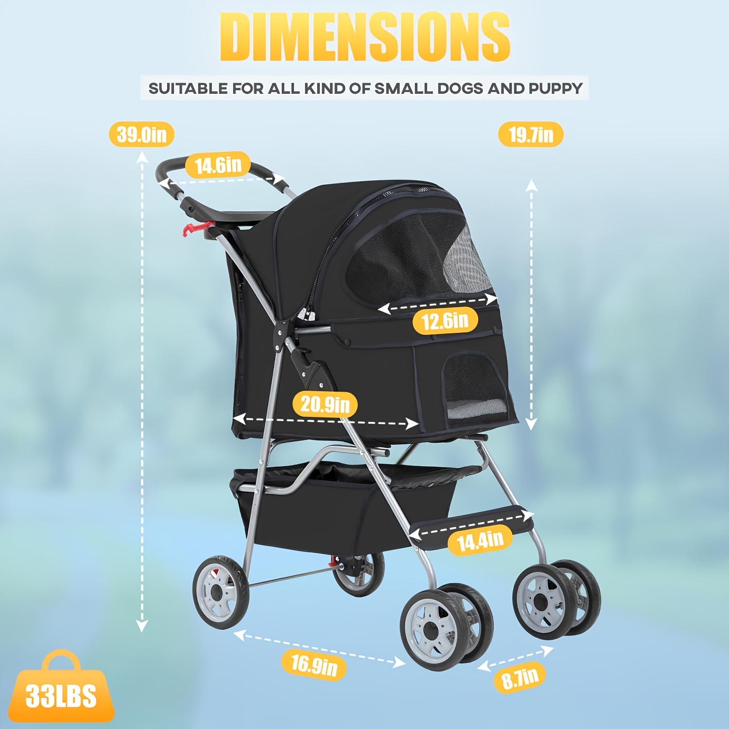 DOPINMIN Foldable Pet Travel Carrier, 4-Wheel Pet Stroller With Canopy, Waterproof Breathable Dog Cat Outdoor Push Cart For Small Medium Dogs And Cats