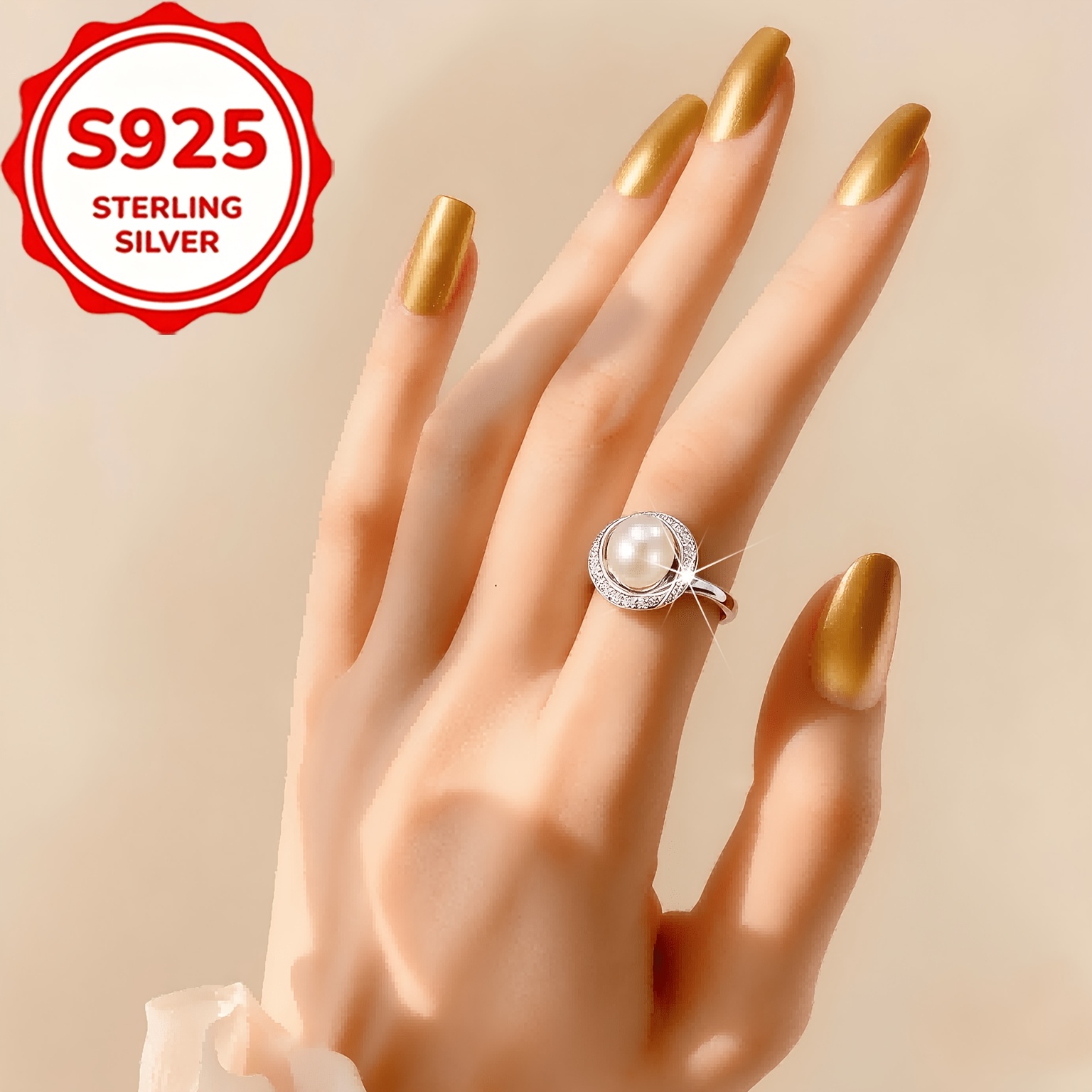 Women's S925 Silver Open Ring with Resin Pearl, Light Luxury