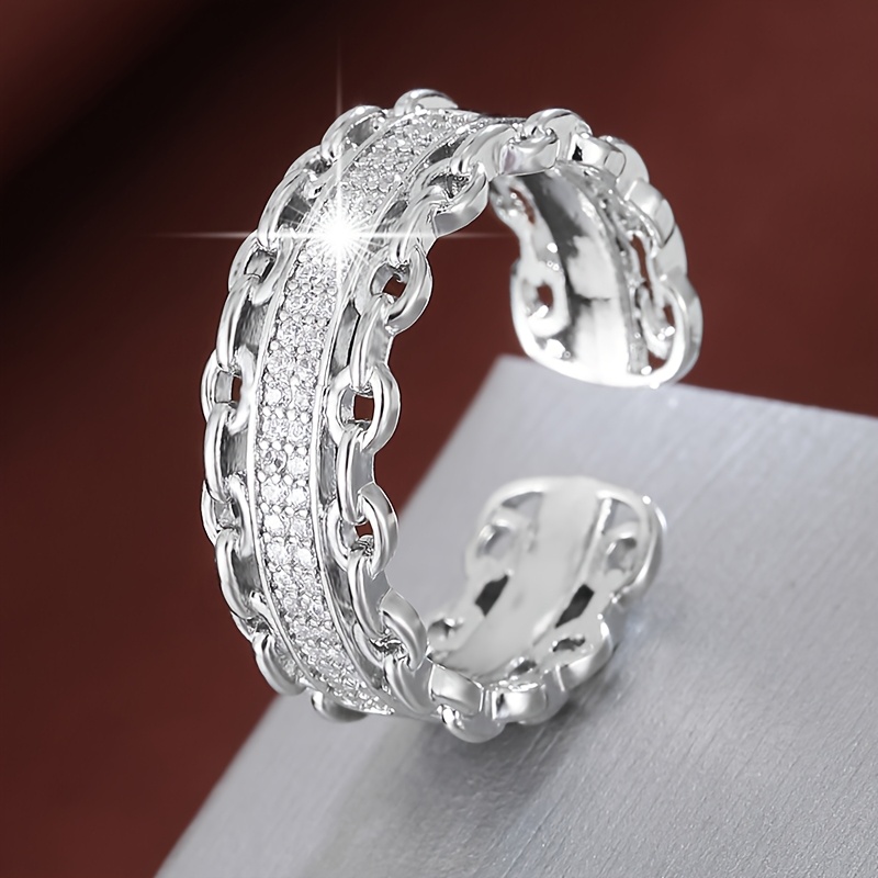 Adjustable Double Chain Open Ring with Zirconia Stones