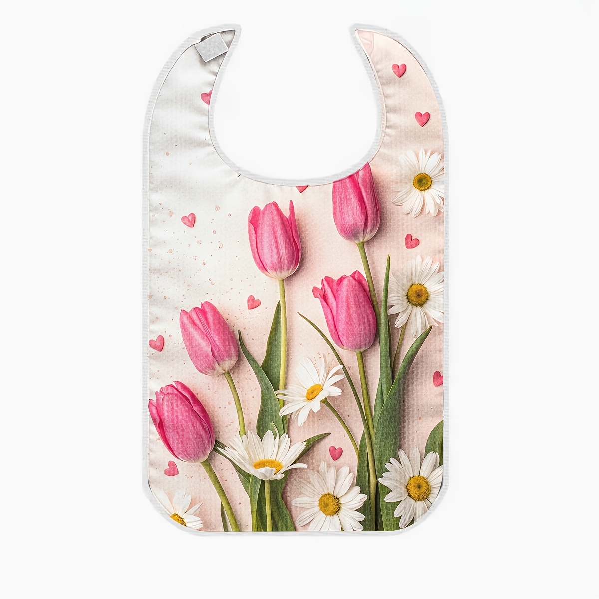 TEMU 1pc Adult Bib With Pink Tulips White Daisies And Small Heart Patterns For Daily Wear