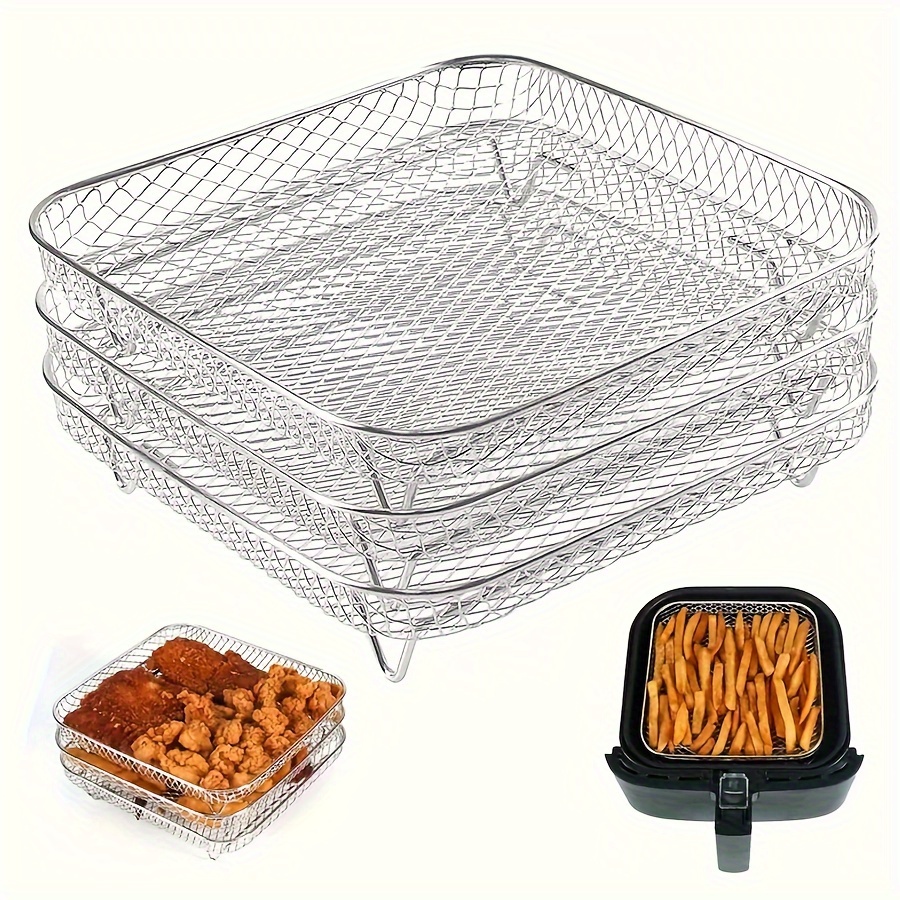 

Stainless Steel Air Fryer Accessories Set: Multipurpose Stackable Rack, Dehydrator Stand, Bbq Basket, Grilling Rack With Oil Brush And Food Tongs - Compatible With Square Air Fryers (1/3 Piece Kit)