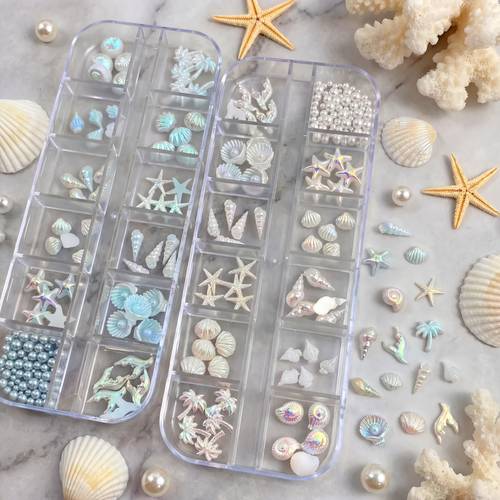 1 kutu ocean serisi tırnak süsleri seti, 3d deniz kabuğu deniz yıldızı tırnak sanatı dekorasyon seti ab yanar işıklı uçlu, salon için manikür eklentileri