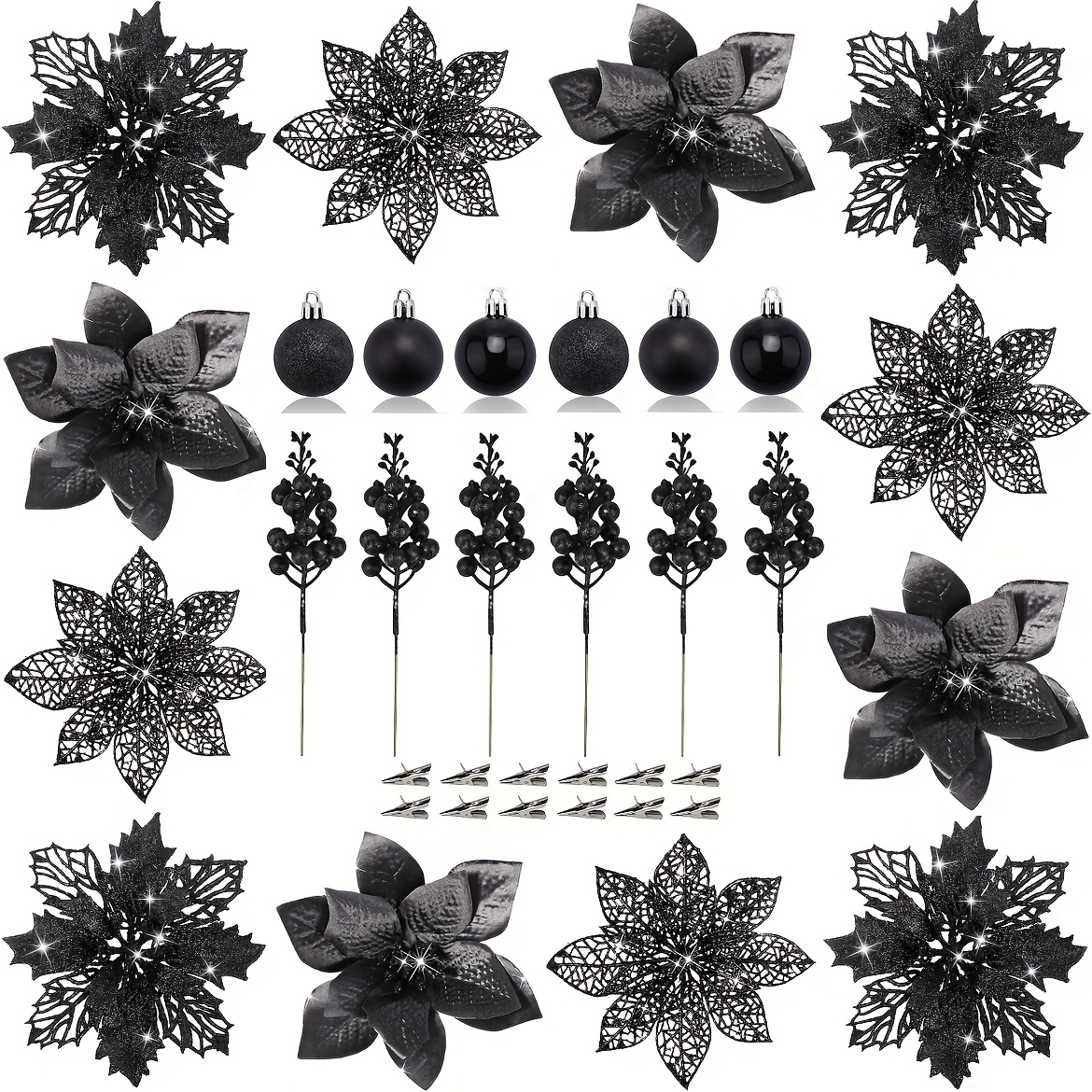 TEMU 24pcs Christmas Poinsettia Flowers Decor Set,christmas Tree Decorations,artificial Christmas Flowers,glitter Berries Stems,christmas Balls,home