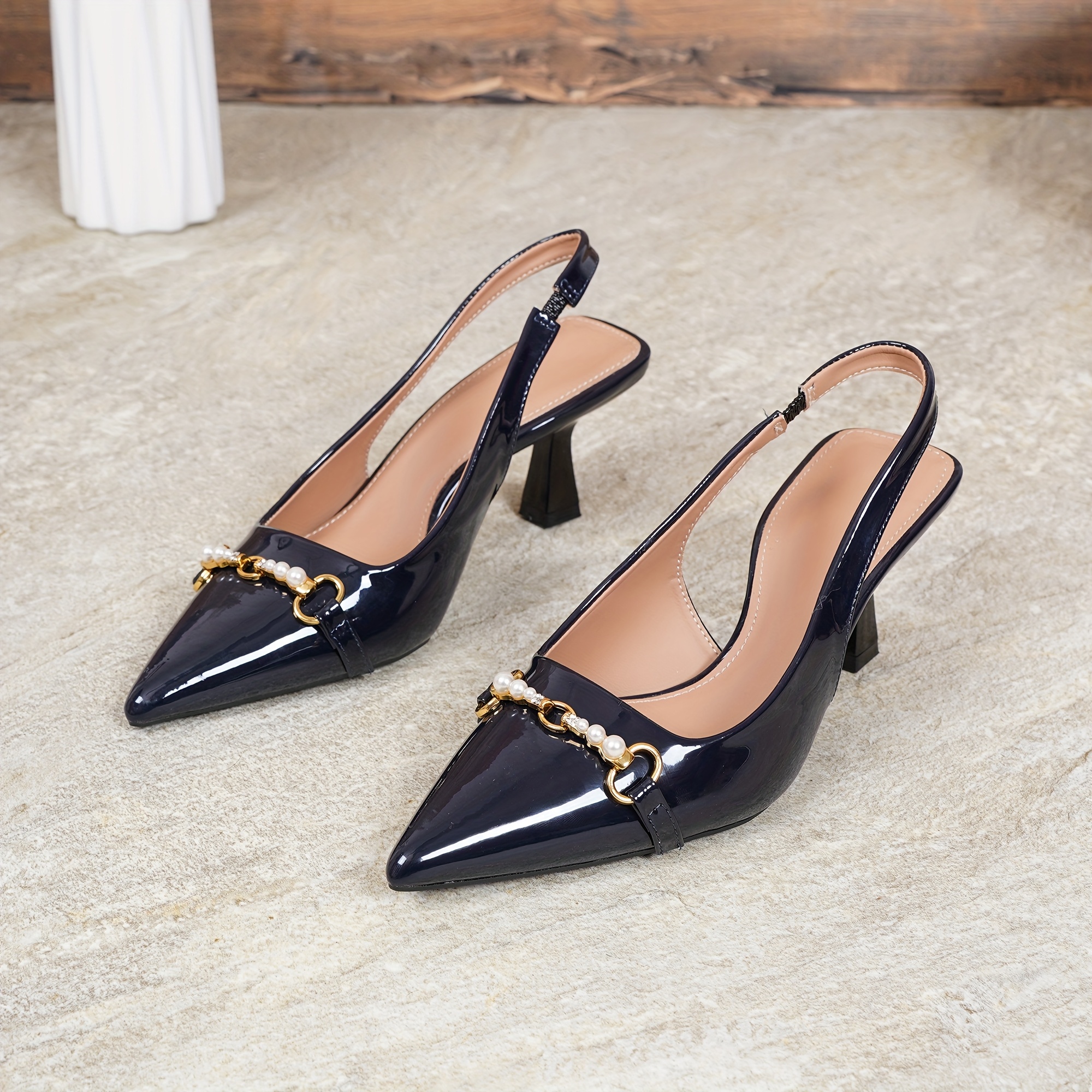WAYDERNS Women's Navy Blue Kitten Heel Pumps – 1.5 Inch Pointed Toe Slingback Dress Shoes, Size 8