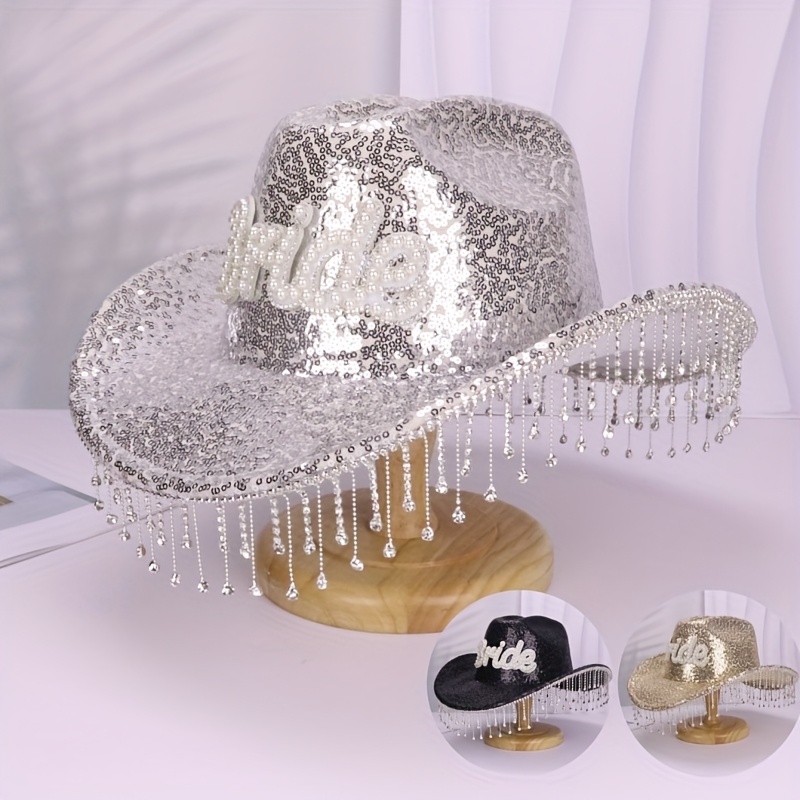 elegant shiny bride cowboy hat pearl 