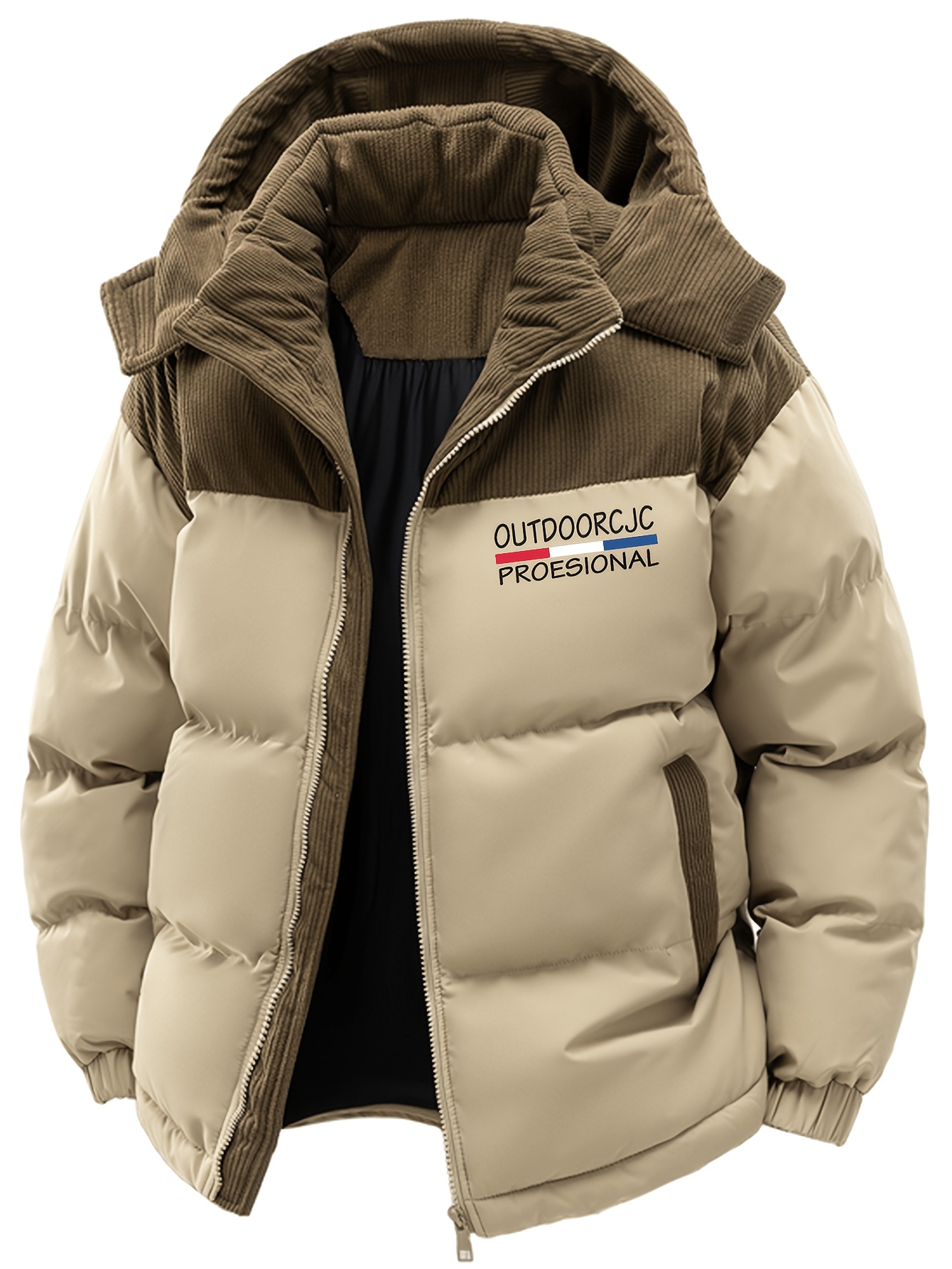 Men's Windproof Winter Jacket with Detachable Hood & Patchwork Design