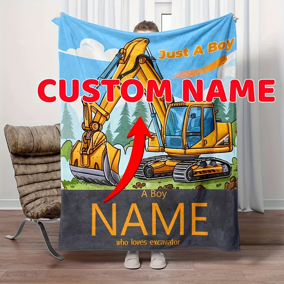 

Custom Excavator-themed Flannel Blanket With Personalized Name - Soft, Warm Throw For Couch, Bed, Office - Perfect Gift For