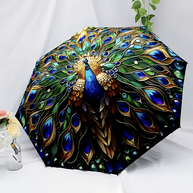 TEMU Automatic Opening And Closing , 8-rib Canopy, Portable And Foldable Body, Featuring A Vibrant Peacock , Suitable For Outdoor Use In
