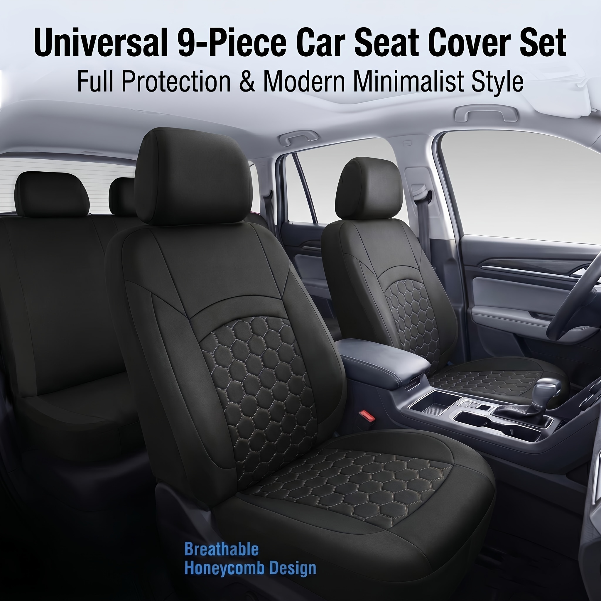 TEMU 5-seater Car Seat 9pcs Set, Universal Size, Car Seat Cover, Hexagonal Honeycomb Embroidery Breathable Design, Suitable For Most Sedans, Suvs,