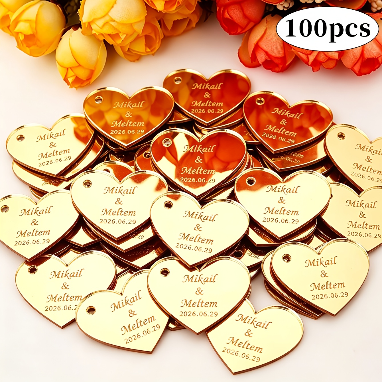 10//50/100 kosov Personaliziranih Oznak v Obliki Srca: Personalizirani Akrilni Ogledali za Poroke, 3.5 cm v Obliki Srca, Personalizirani Akrilni