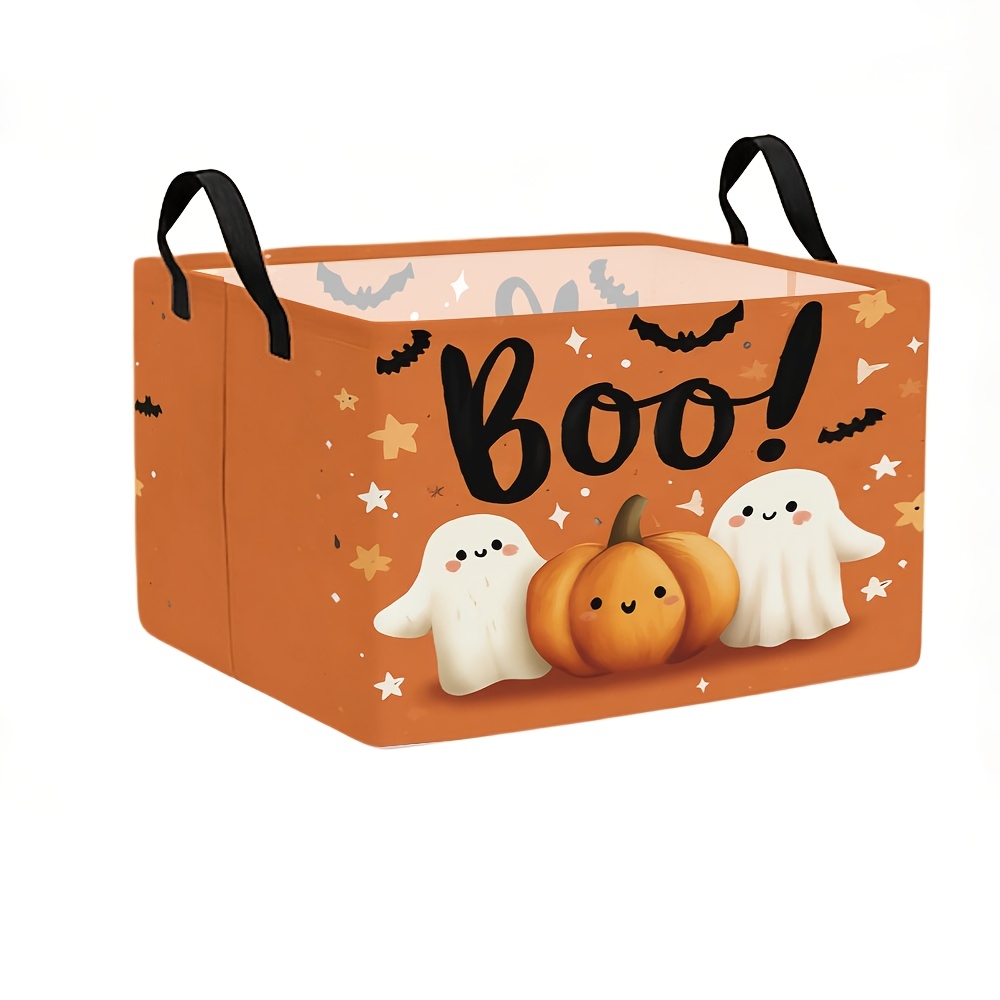 TEMU 1pc, Halloween Pumpkin Boo Printed Canvas Open Storage Basket With Foldable Handle, In Multiple Sizes, Perfect For Autumn Thanksgiving Home