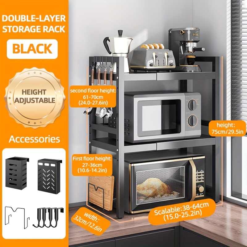 TEMU 2-tier White And Black Storage Rack | Freestanding, Adjustable Height And Width, Microwave Rack With Hooks, Easy To Assemble, Suitable For