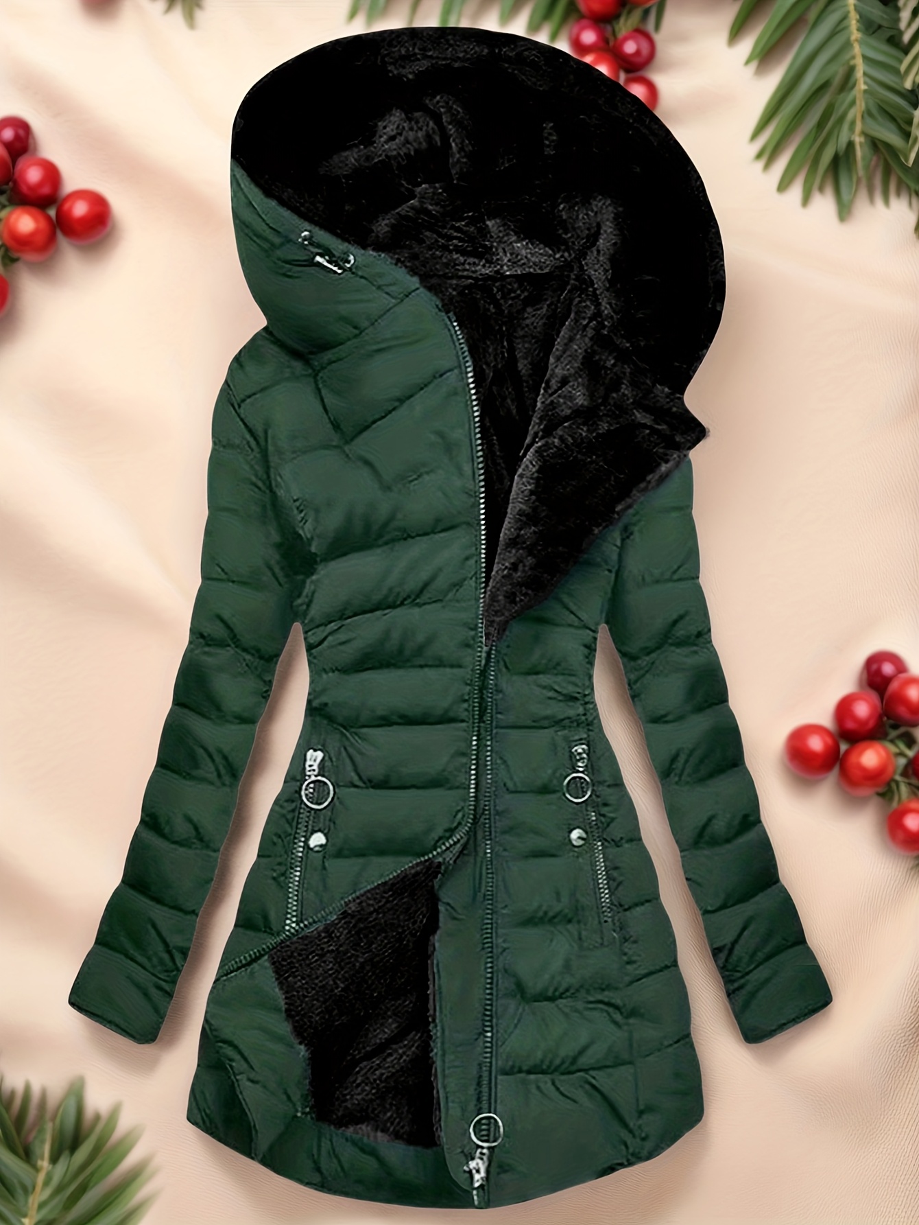 stijlvolle elegante warme jas voor dames met rits, lange mouwen en capuchon – slim fit jack