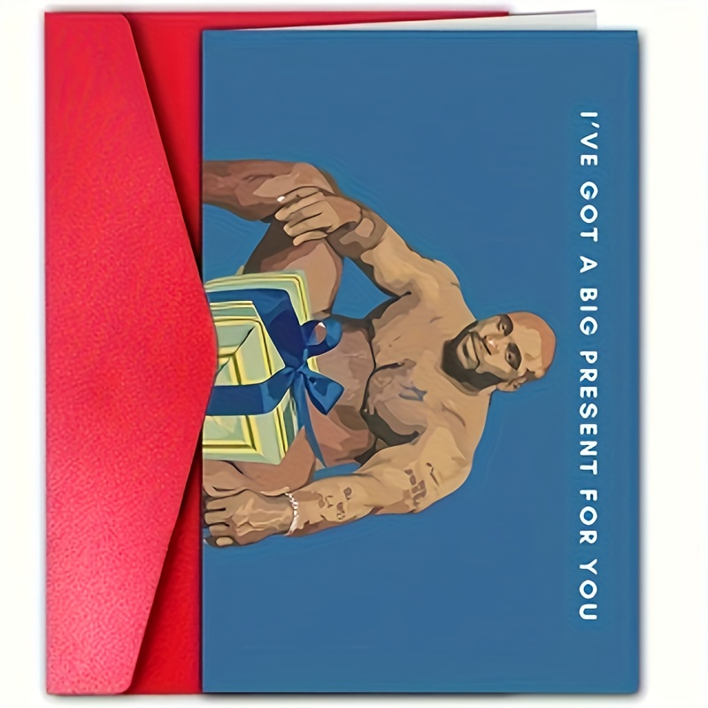 

Muscular Man With Gift Humorous Greeting Card - Funny Novelty Card , Small Business Thank You, , Birthday, Anniversary, Valentine's Day Invitation - Celebration Card Pack