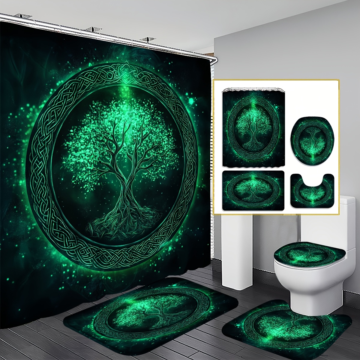 TEMU 4pcs 2d Flat Tree Shower Curtain Set, Green And Black Tree Of Life Bathroom Decor, Accessories With Bath Mat, U-shaped Mat, Toilet Lid Cover, 12