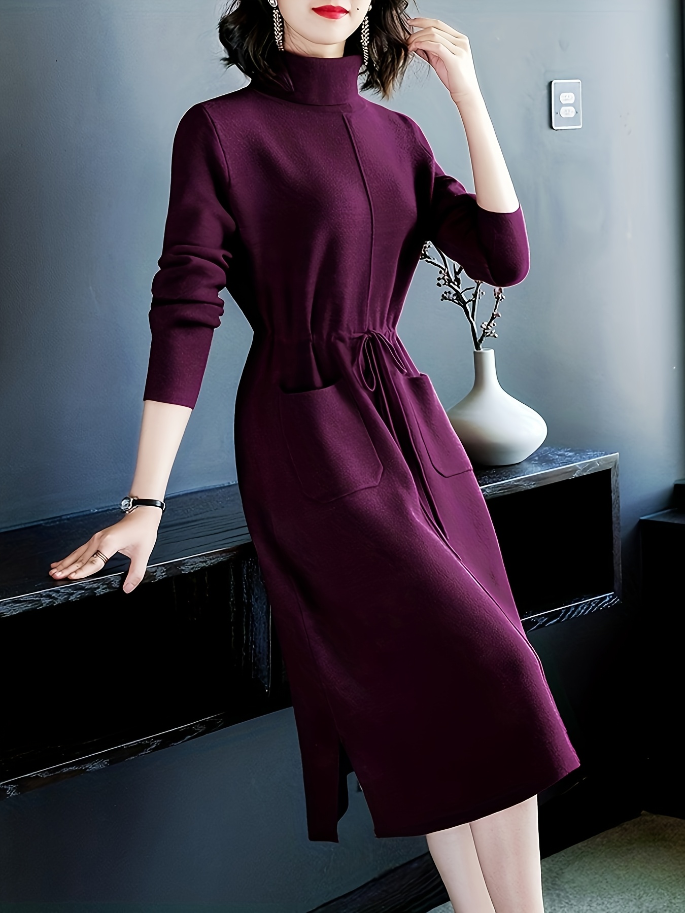 purple knit sweater dress contrast lapel pocket midi length Temu