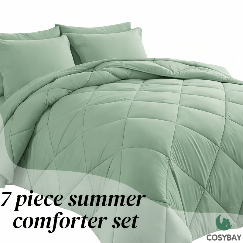 TEMU 7pcs Solid Size Comforter Sets, Bedding Set 1 Warm Fluffy Comforter + 1 Bed Sheet + 1 Fitted Sheet + 4 Pillowcases, Soft Comfortable, Full Queen