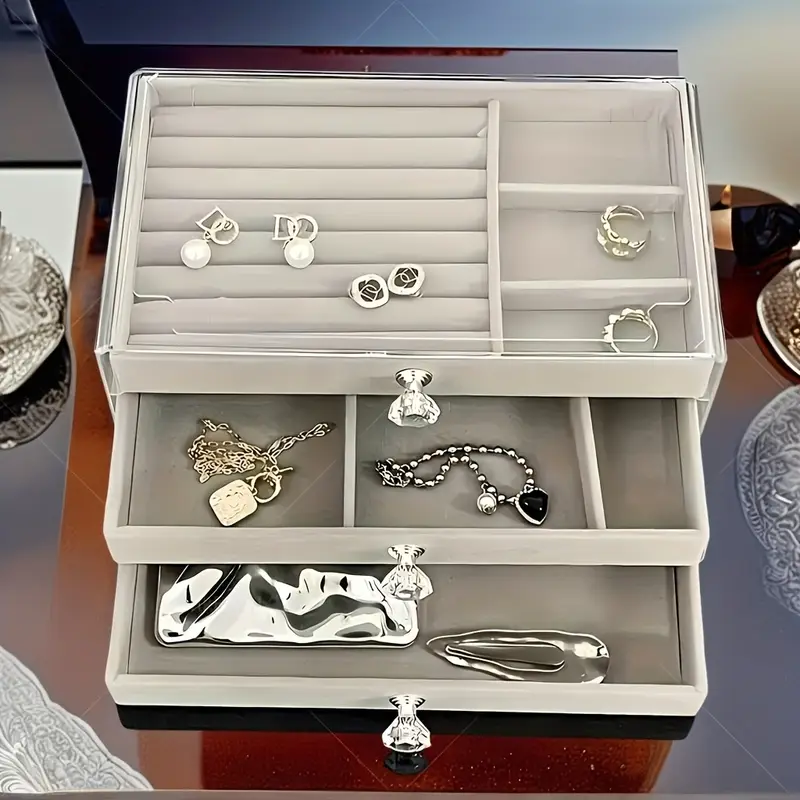 large capacity jewelry organizer box with transparent lid - elegant beige/white/gray/black/ - watch, bracelet, earring, necklace storage - durable plastic construction - for home, salon, boutique - jewelry display case - easy- - modern - organizer drawer - jewelry storage box, jewelry box, , contemporary style, fabriclined interior, home organizers, , sturdy construction, fashion Product details 4
