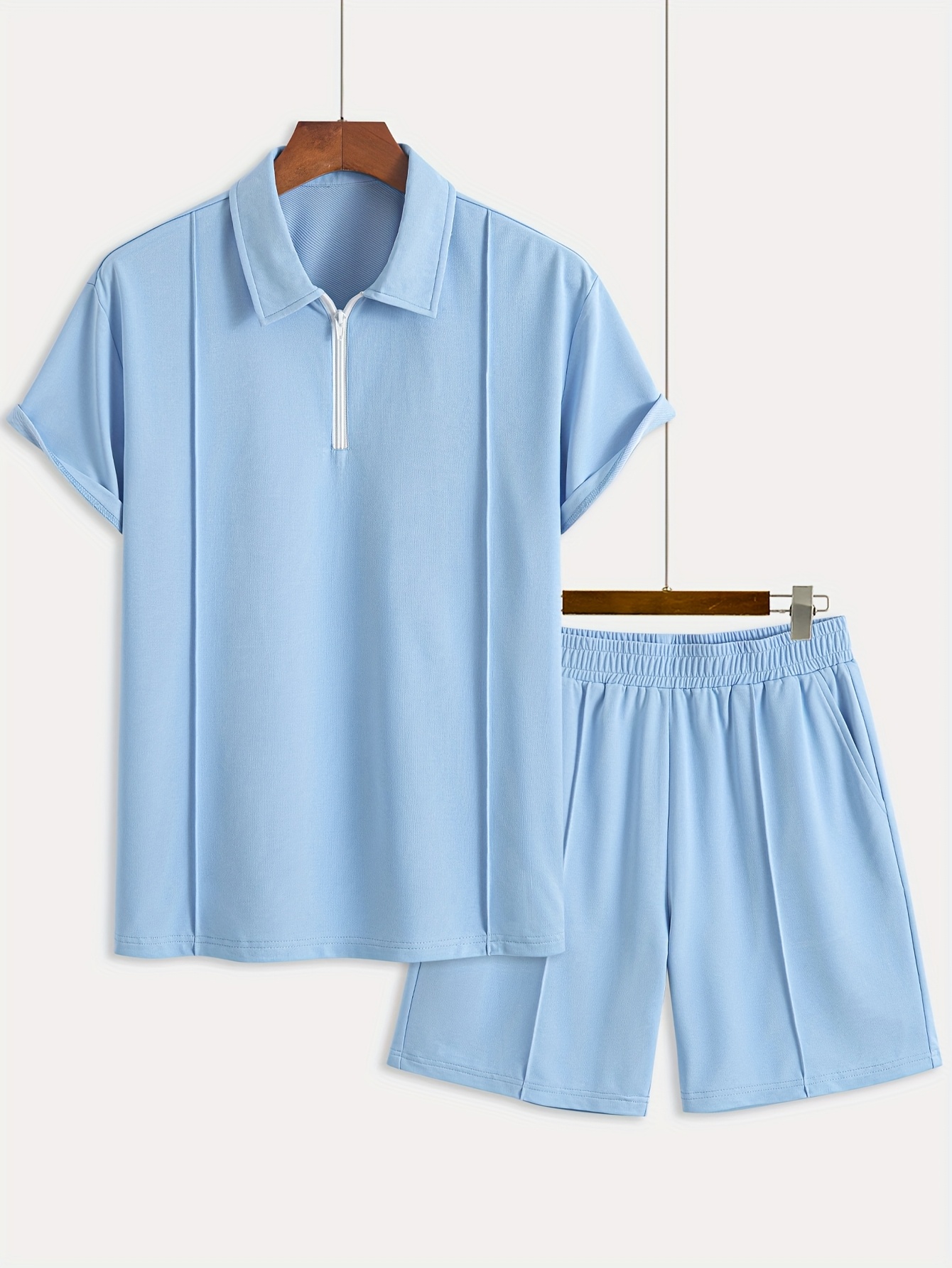 Men'S Casual Fashion Two-Piece Set Made of Soft And Skin-Friendly Solid Color Knitted Fabric, Featuring a Short-Sleeve Polo Shirt Paired with Shorts, Offering a Trendy, Elegant, And Minimalist Style