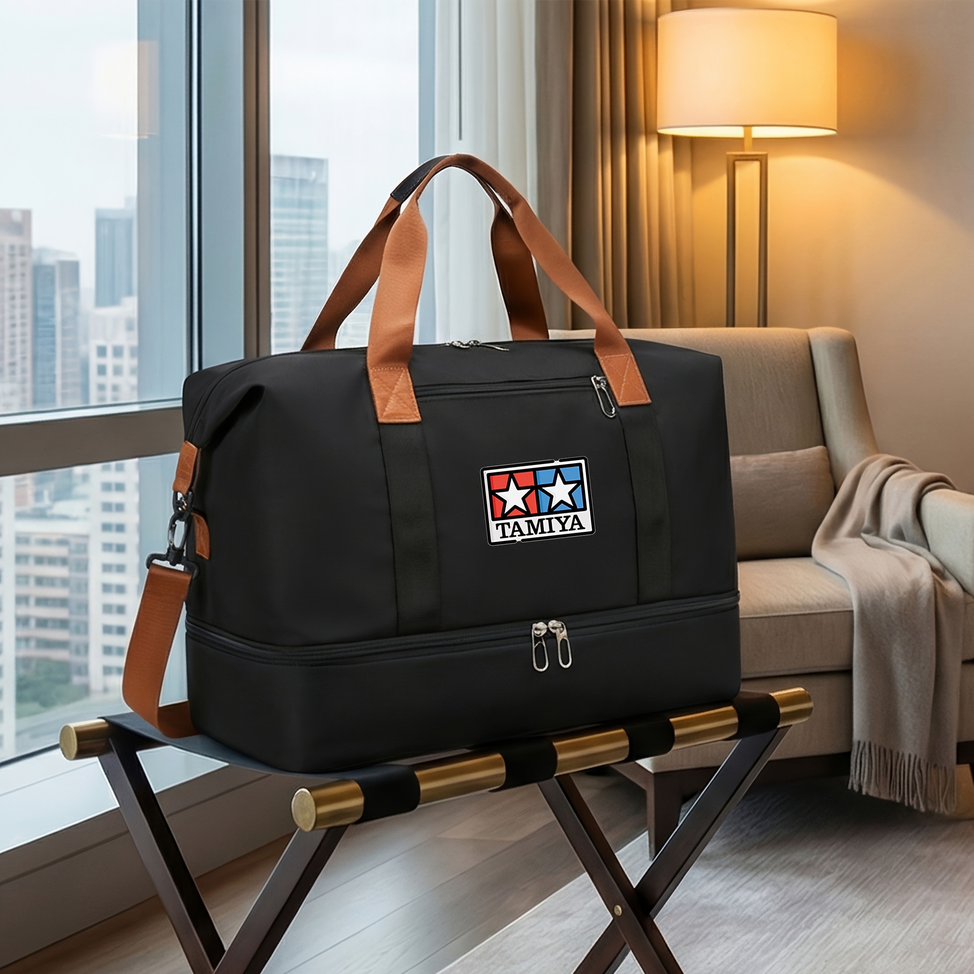 TEMU ロゴ 大容量トートバッグ 別々のシューズコンパートメント＆ウェット/ドライポケット付き - ビジネス旅行、ジム、、水泳、ヨガ、通勤に最適なヘビーデューティトラベル 男女兼用マルチコンパートメントショルダーバッグ
