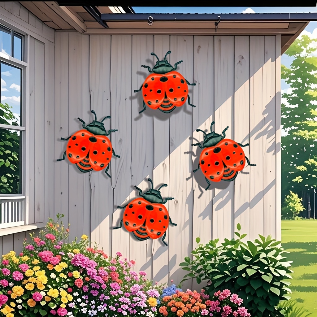 E-shop 4 Stück Eisen Marienkäfer Metall Wanddekoration, Lebendige Gartenzaun-Deko für Terrasse, Wohnzimmer & Kinderzimmer Innen/Außen Skulptur,