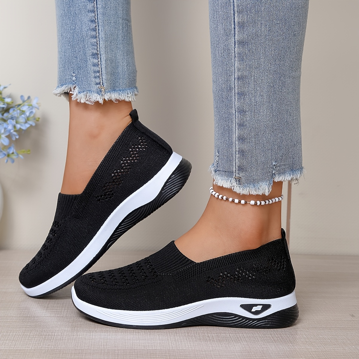 TEMU Baskets, Chaussures Plates en Tricot pour Femme, 5 Couleurs, Chaussures de Maman Confortables à Semelle Souple, Chaussures Basses Décontractées