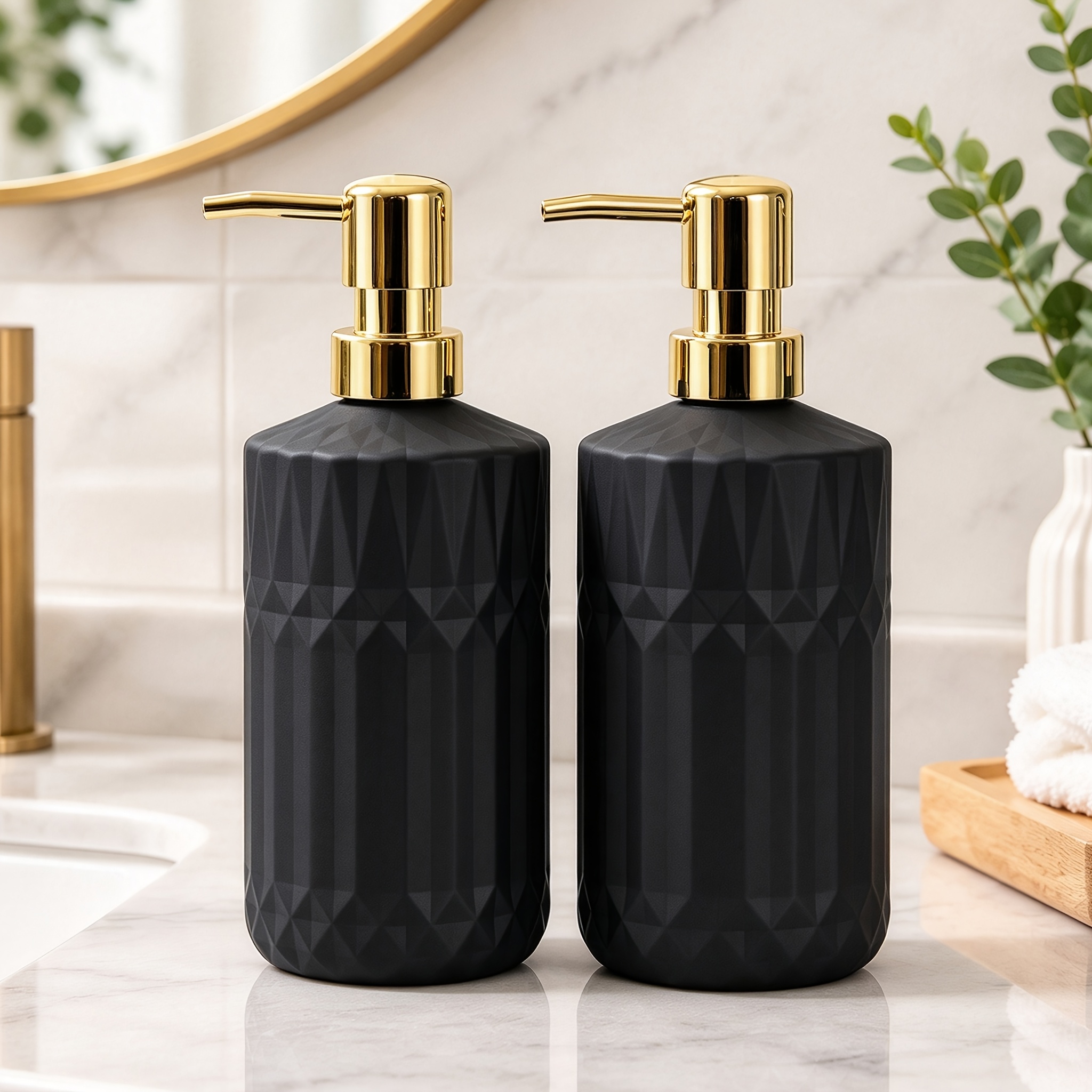 Image of 2pcs Elegant Black Geometric Soap Dispensers With Golden Pumps - 500ml Capacity, Phthalate-free Plastic, Ideal For Use, Bathroom Soap Dispenser|modern Soap Dispenser|durable Soap Dispenser