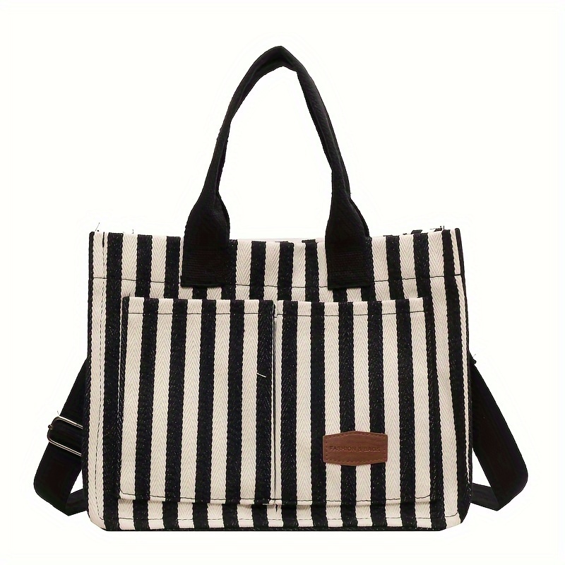 

Striped Canvas Tote Bag, Multi Pockets Crossbody Bag, Fashion Large Shoulder Handbag For Going Out