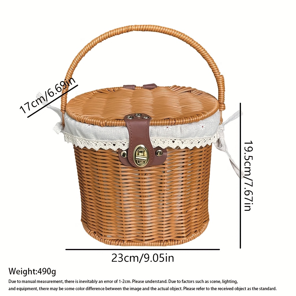 Image of 1pc Handheld Basket With Lid Pp Plastic Strip Pure Handmade Portable Aesthetic Large Capacity Suitable For Outdoor Travel Storage Indoor Organization Aesthetic Display, Shelf Baskets