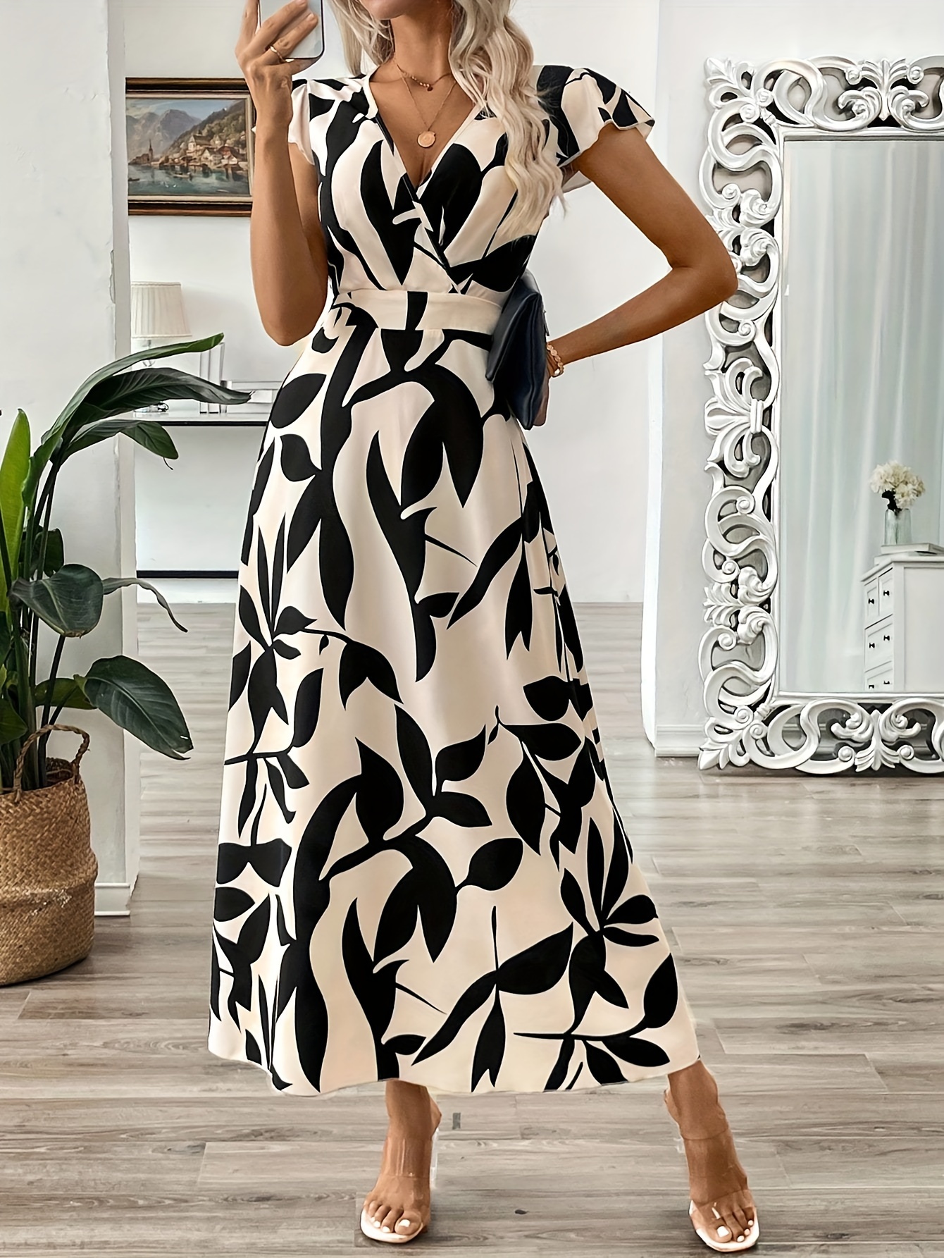 womens elegant summer long v neck a line dress black white Temu - Main Image
