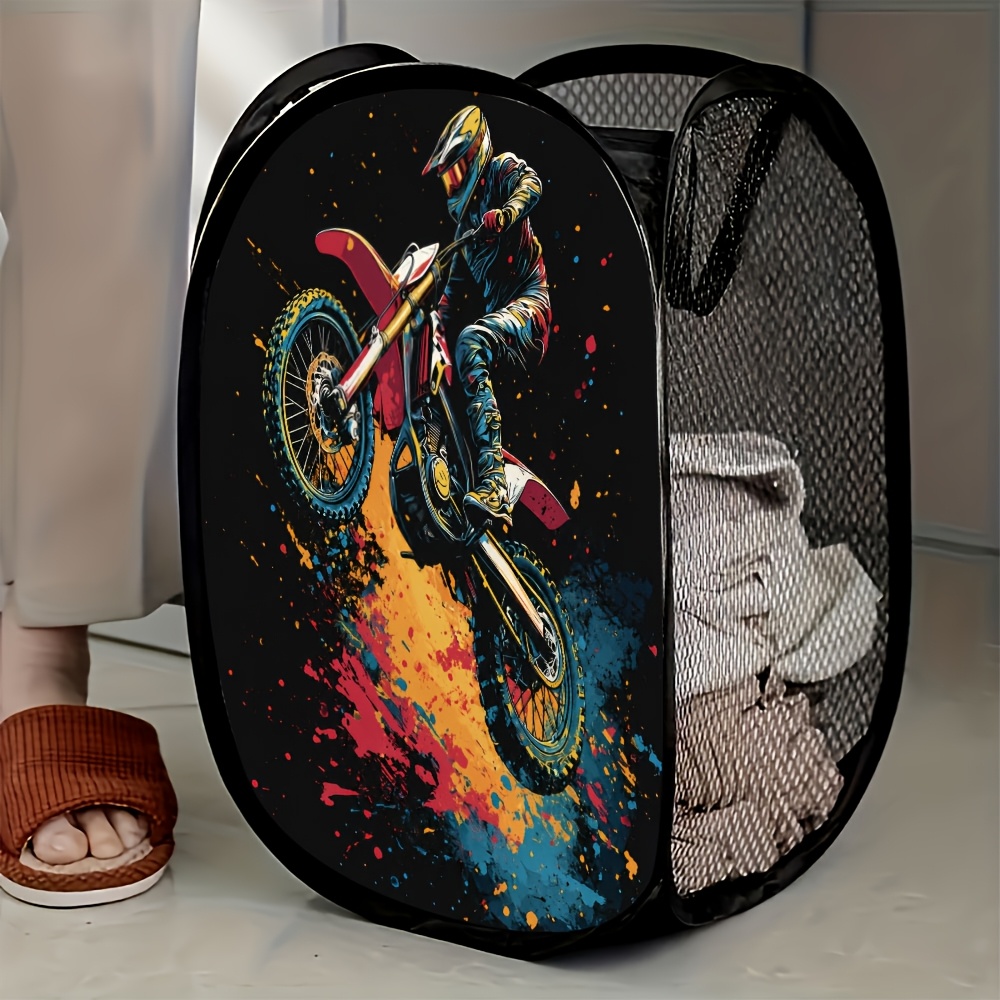 TEMU Panier à linge pop-up en 1 pièce motocrossiste - Cadeau de rangement compact pour les modes de vie actifs